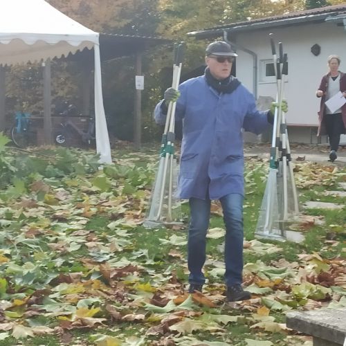Peter verteilt die Laubrechen